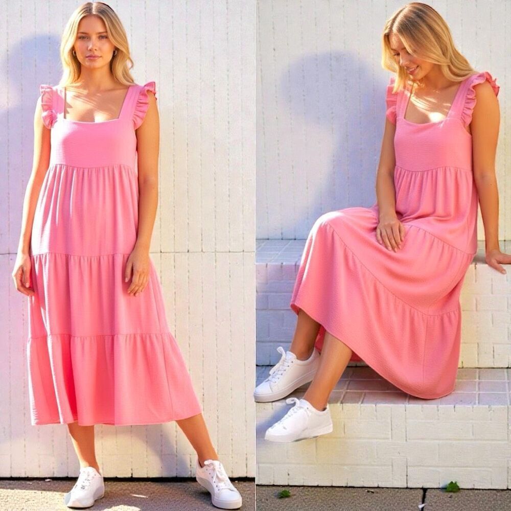 Pink Ruffled Sleeveless Tiered Midi Dress NWT | Reborn J - Picture 3 of 9